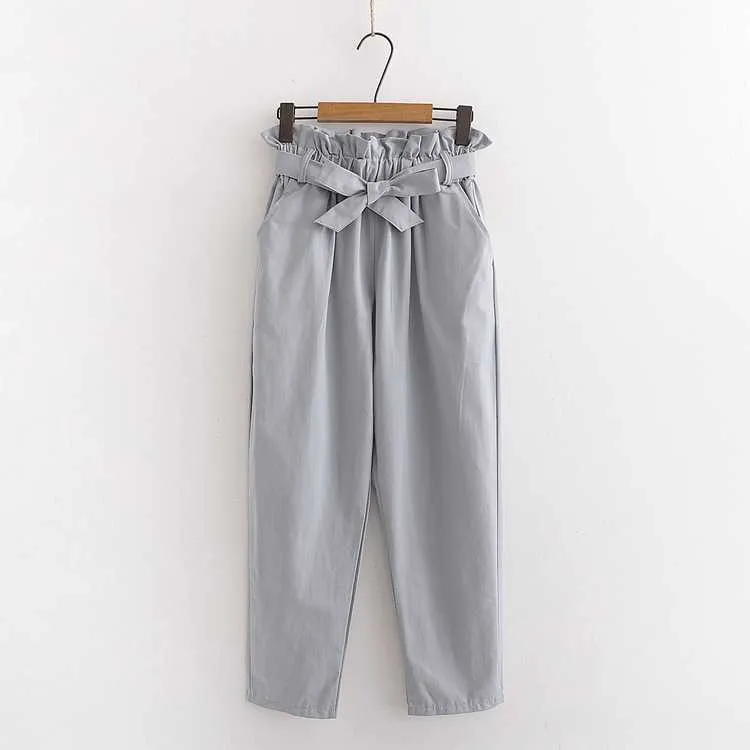 Koreaanse katoen vintage broeken zomer boog lace-up elastische taille casual broek vrouwelijke alles-matchen Harlan -Panties 210925