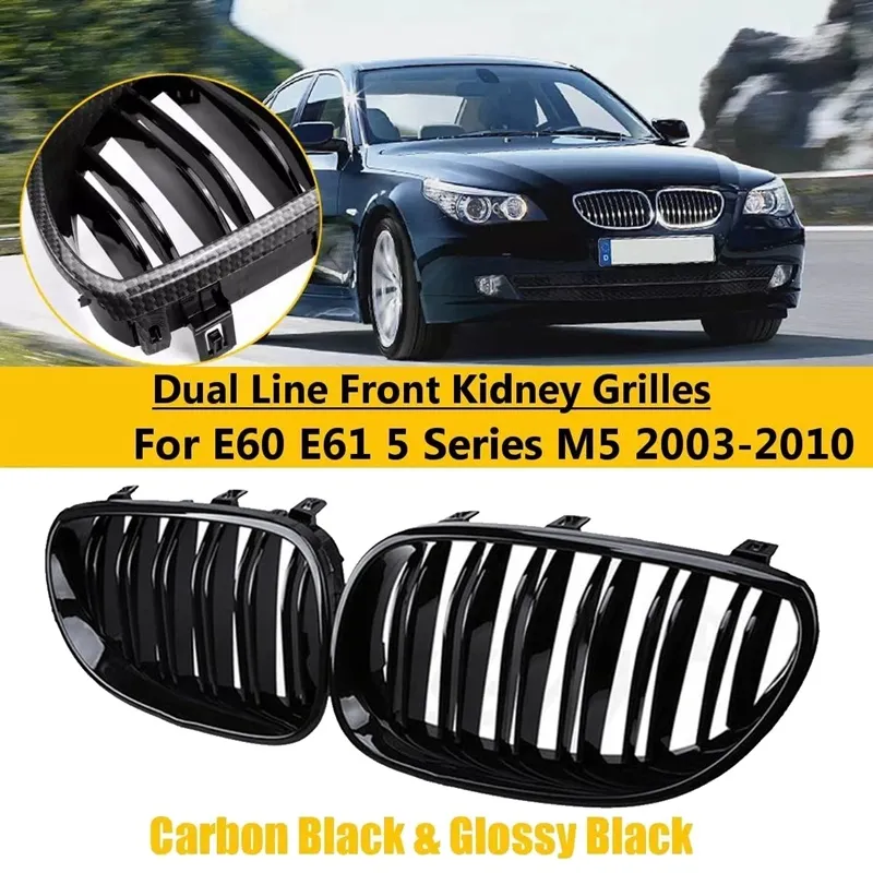 Bilens främre njurgriller racinggrill för BMW E60 E61 5 Series M5 520i 535i 550i 2004-2010 Dual Line Double Slat Auto Styling