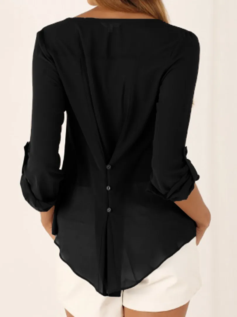 Design Frau Taste V-ausschnitt Einfache Schwarz Chiffon Hemd Herbst Langarm Pullover Tops Mode Damen Unregelmäßigen Plus Größe Straße