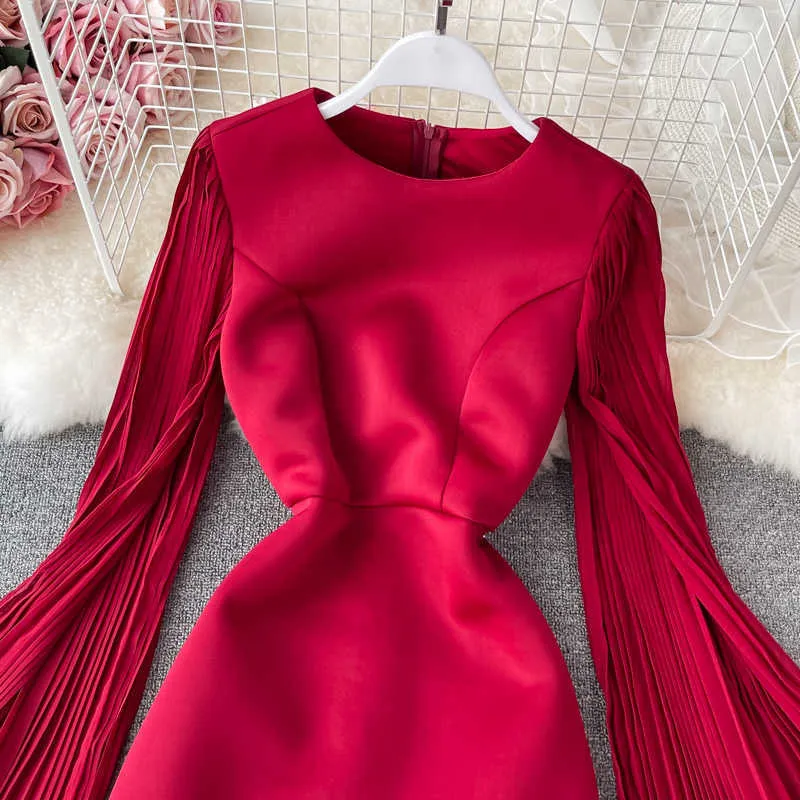 Robe de soirée rouge/bleu/noir pour femmes, élégante, col rond, manches longues, taille haute, moulante, décontractée, nouvelle collection 2021, Y0603