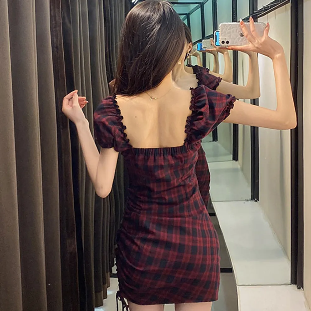 Summer Backless Sexy Vintage Plaid Short Dress Gothic Harajuku Mini Dresses Club Outfits For Women vestido de mujer New 210302