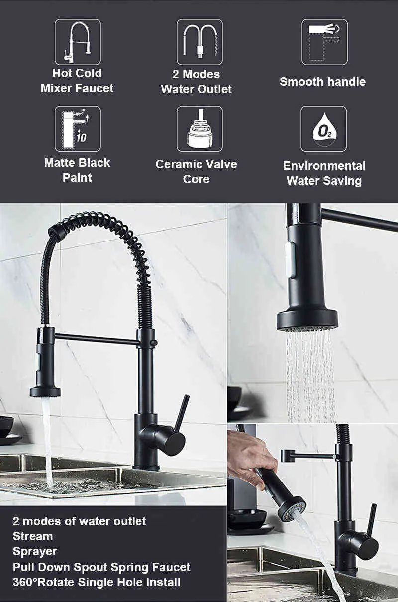 Brass Black Kitchen Faucet Pull Out 360 Degree Swivel Spring Single Handle Hole Cold Mixer Water Tap With 2 Water Intel Pipe 211108