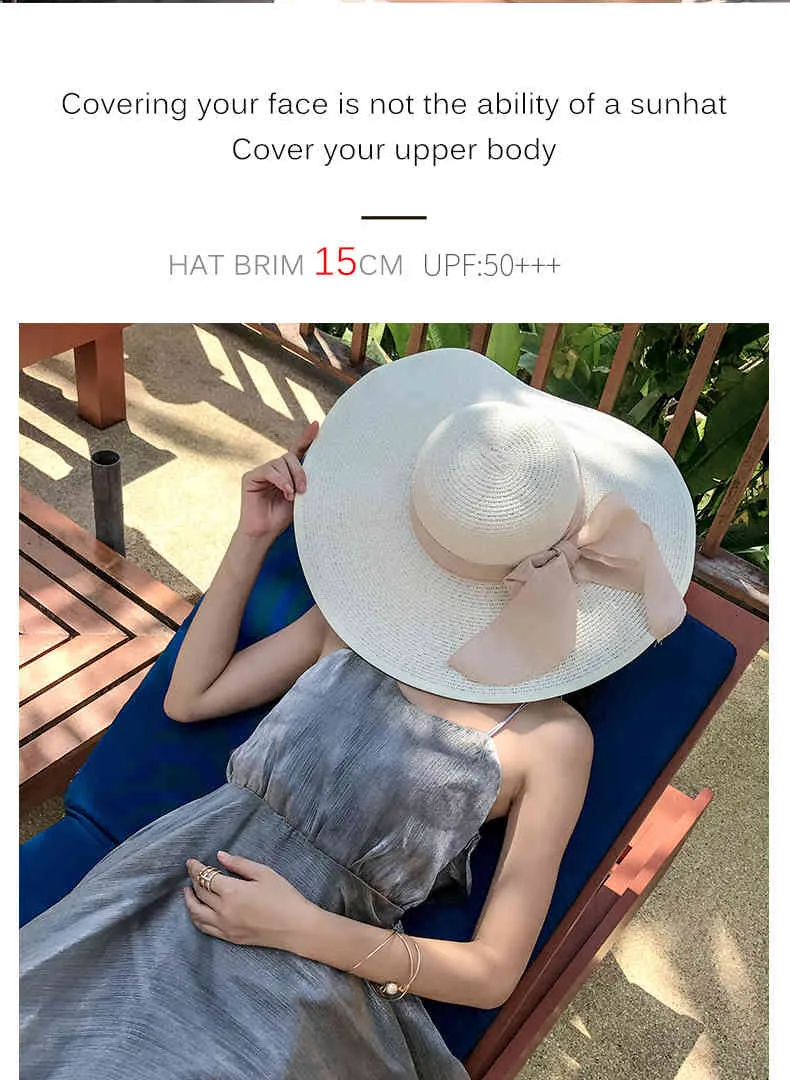 K60 Yaz Plaj Büyük Ağız Saman Sahil Şapka Seyahat kadın Panama Koruma Keçe şapka UPF 50+ Güneş Visor