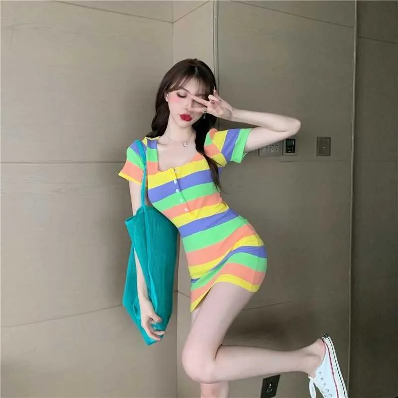 Summer Korean style round neck color dress tight-fitting hip mini sexy slim temperament stripes 210604