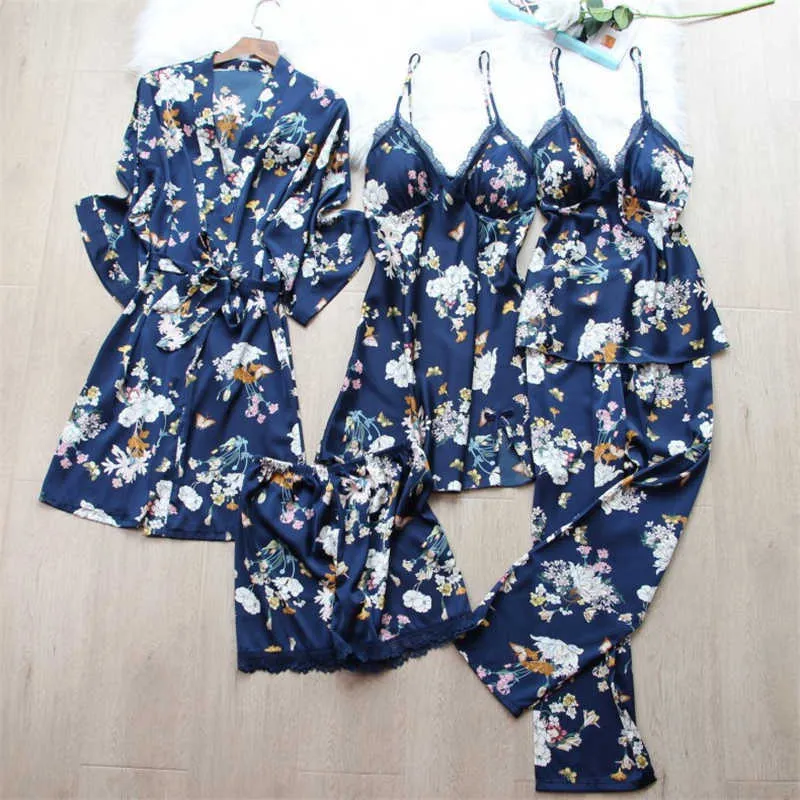 Pigiama da donna sexy 5 pezzi Set pigiama da notte in raso Pijama blu stampa floreale Abbigliamento da casa Pigiama da notte con protezioni il petto Q0706