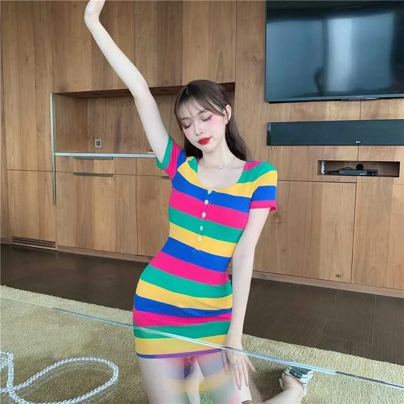 Summer Korean style round neck color dress tight-fitting hip mini sexy slim temperament stripes 210604