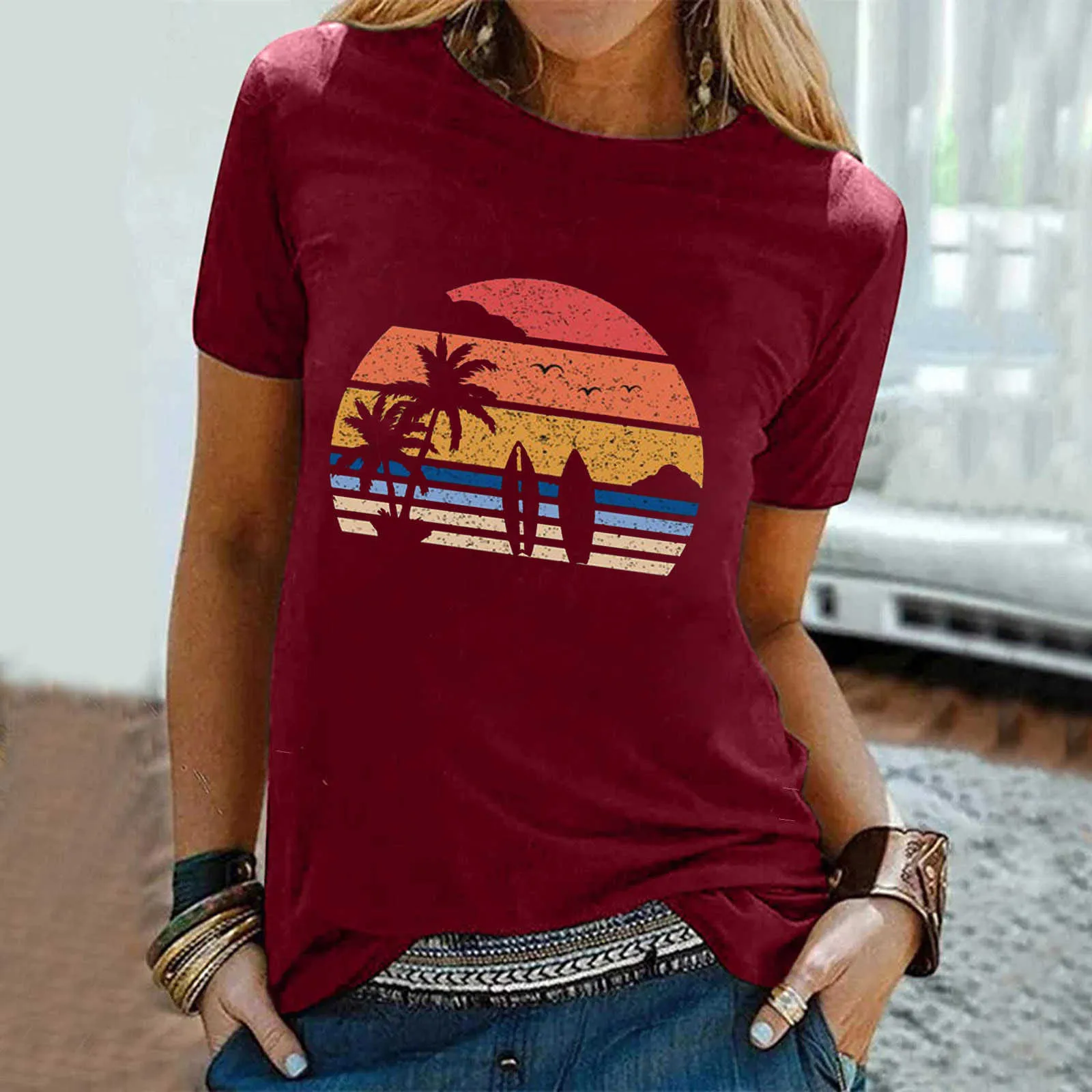 40 # Yaz Sörf Plaj Baskılı Tişörtleri Kadınlar Kısa Kollu Üst Tee T Shirt Kadınlar Için Artı Boyutu Casual Streetwear T-Shirt X0628