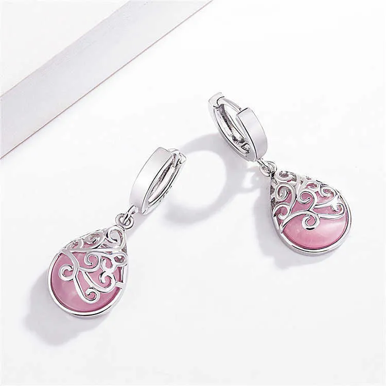 Womens Earrings Dangle crystal silver plated moonlight opal totem Fashion Pink Diamond stone drop style