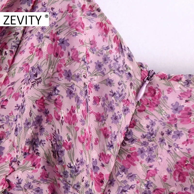 ZEVITY women fashion square collar flower print pleated mini dress lady puff sleeve casual slim vestidos chic dresses DS4526 210303