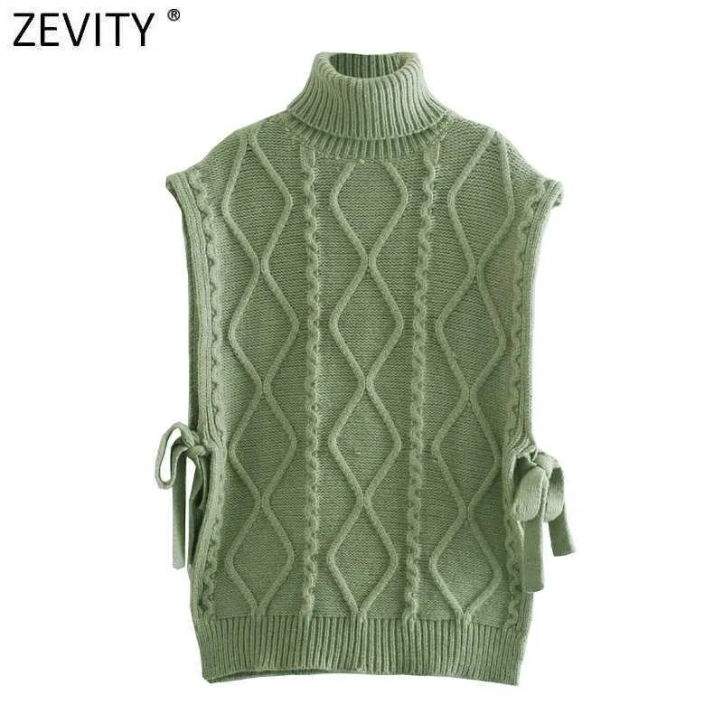 Zevity女性ヴィンテージタートルネックグリーンかぎ針編みセッティングセーター女性ノースリーブサイドレースアップベストシックプルオーバートップS675 210603