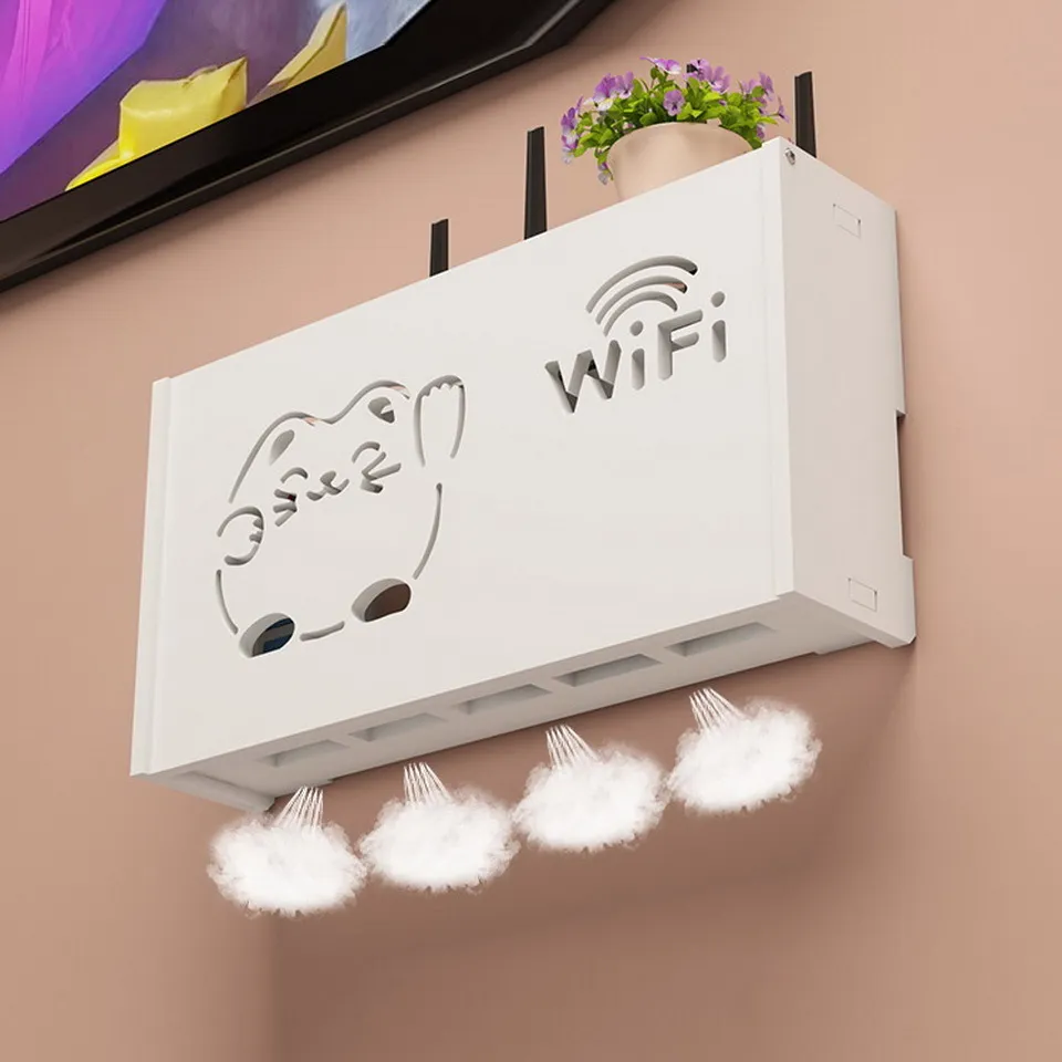 Wireless Wifi Router Scatola di immagazzinaggio Pannello in PVC Mensola a muro Spina da parete Staffa Cavo Storage Organizer Home Decor ignifugo 210330