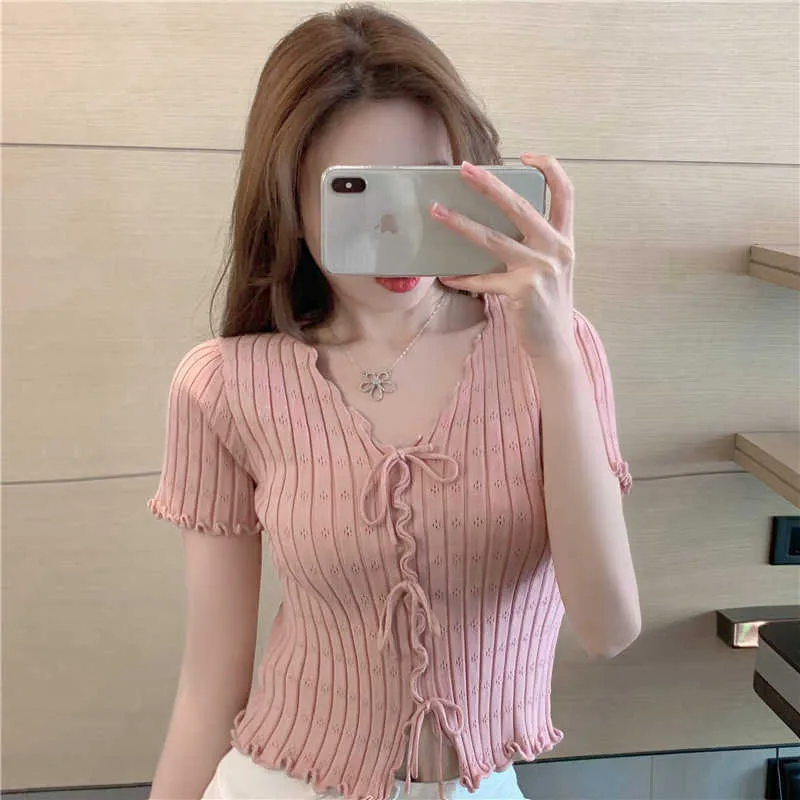 WOMENGAGA estate Coreano sottile Ruffle T-Shirt Con Scollo A V cravatta manica corta tees rosa femminile coreano sexy CG8N 210603