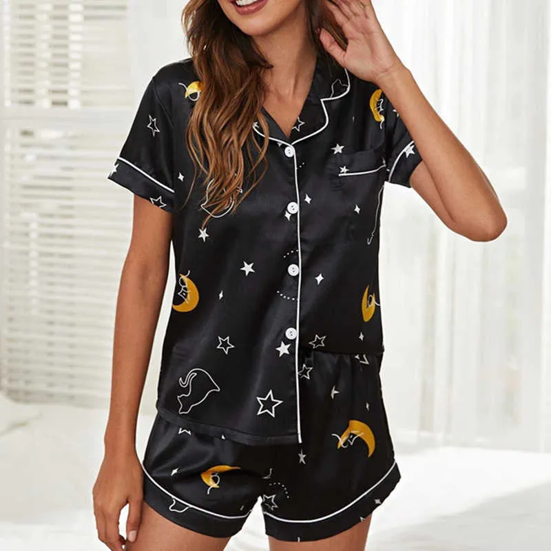 JULY'S SONG Woman Pajamas Set Stain Silk Women Sleepwear Summer Stripe Pyjamas Short Sleeve Suit Homewear Loung Wear 210622