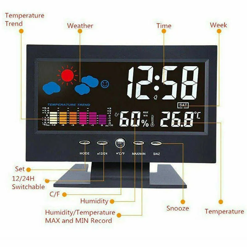 affichage numérique intelligent station météo alarme calendrier / fonction horloge thermomètre sans fil température humidité mètre 210804