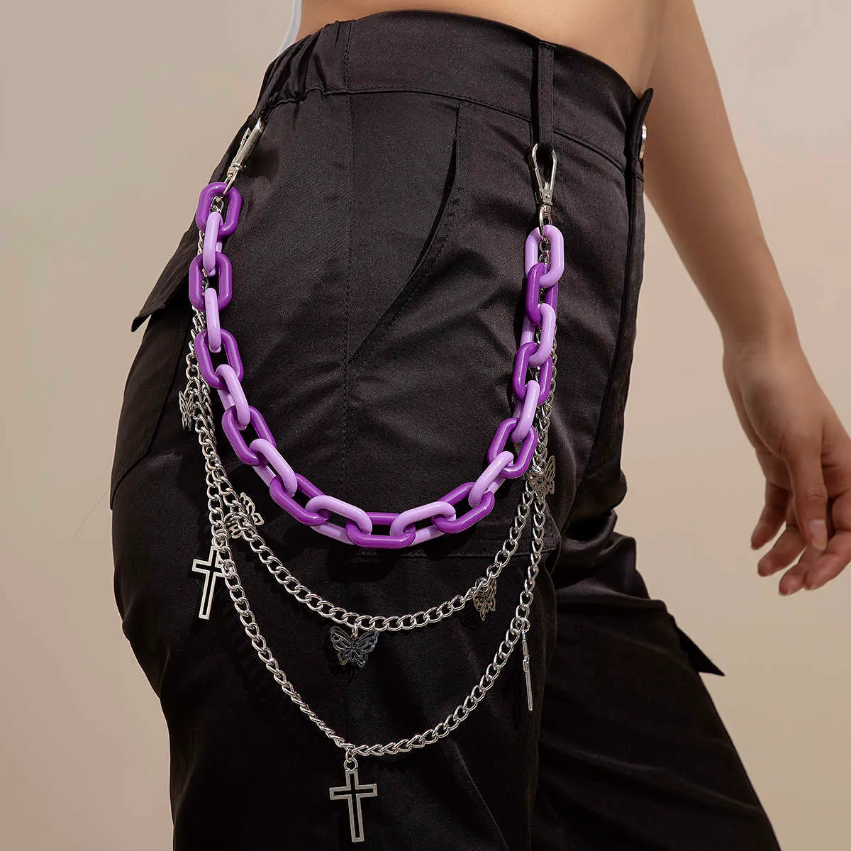 PuRui gothique croix papillon pendentif jean porte-clés taille chaîne pour femmes Kpop coloré acrylique multicouche corps chaînes bijoux