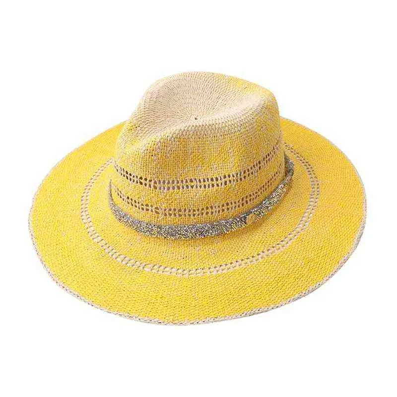 Kobiety Słoma Panama Fedora Sun Hat Gradient Rhinestone Chain Sunscreen Beach Cap A0NF G220301