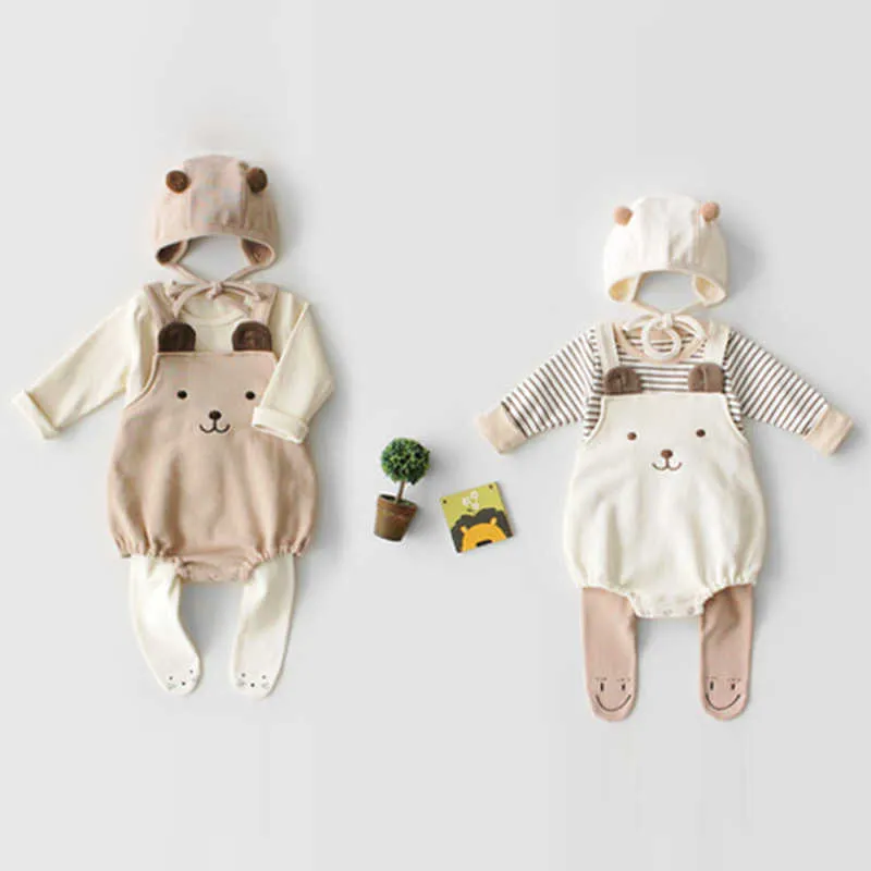 Baby Bodysuits Leuke Beer Mouwloze Riem Katoenen Hoedjas + Hoed voor Baby's Jonge Kinderen Baby Meisje Kleding 210701