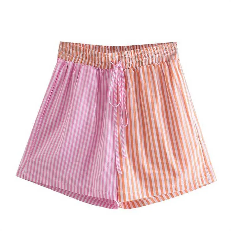 TRAF femmes mode et Patchwork rayé Shorts rétro cordon taille élastique poche latérale femmes Streetwear 210719