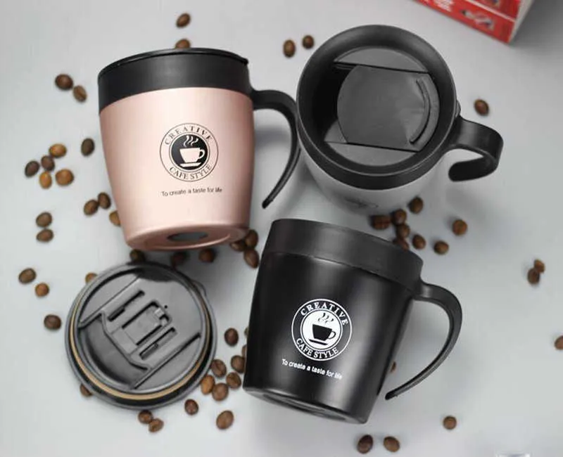 330ML Office Travel Coffee Cup Thermos Stainless Steel Coffee Mug Insulated Water Cups Tumbler With Handle lid and Mixing Spoon 210809