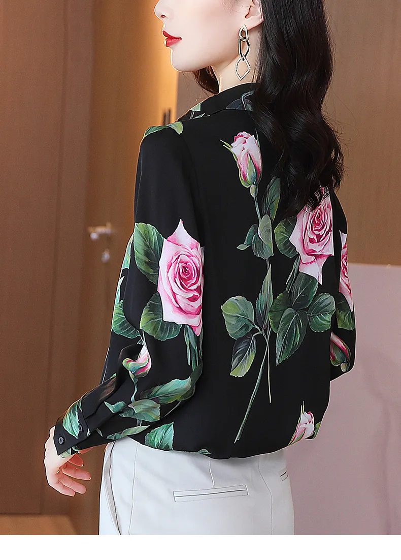 Tingfly -ontwerper Rose Flower Floral Turn Down Collar Button Up Blouses Elegant Women Office Work Blouse Blusas Femme Shirts Plus 210308