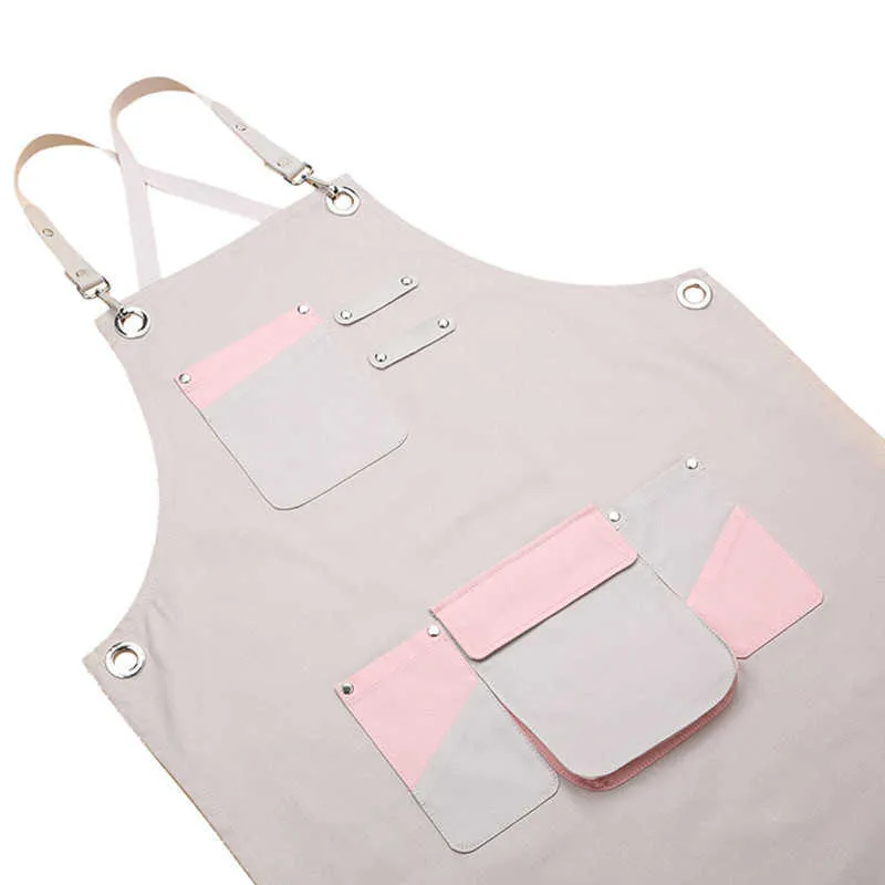 Gray Pink Long Cotton Apron Waitstaff Barista Bartender Baker Bistro Pastry Catering Uniform Florist Painter Artist Work Wear E4 210625