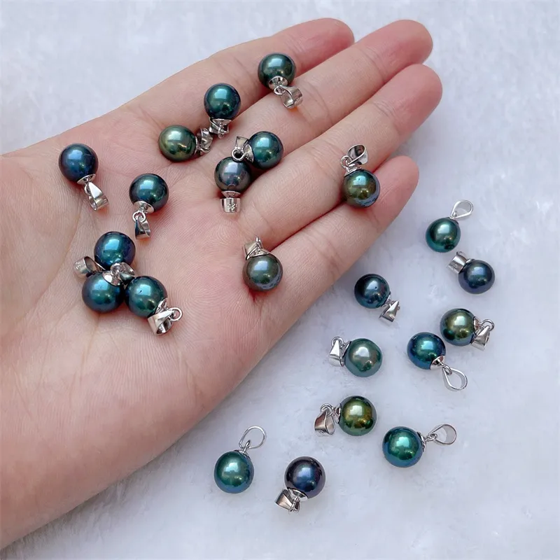 Colgante de perlas redondas, dijes de agua dulce, verde pavo real y azul, Plata de Ley 925, colgantes simples, 10 piezas 333a