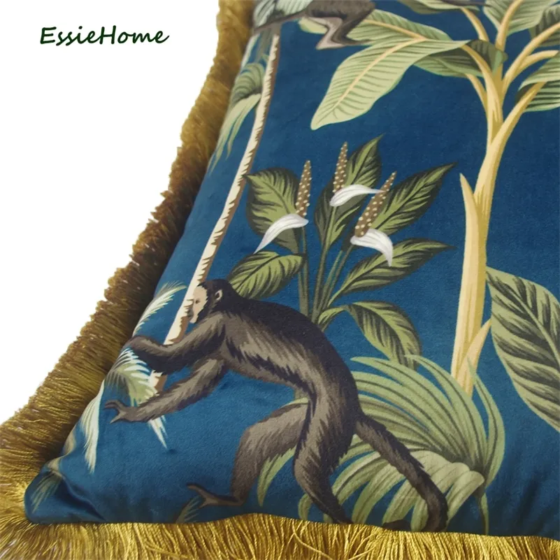 Essie Home Plantas Tropicais Palm Folhas Animal Padrão Macaco Impressão Digital Capa de Almofada de Veludo Fronha com Borla Dourada 21020257E