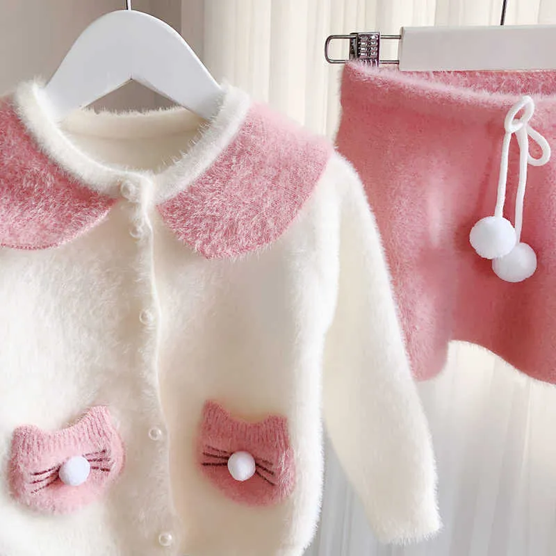 Outono inverno meninas camisola coreano coelho orelha knitwear bolso boneca colar top + saia roupas de bebê conjunto 210611