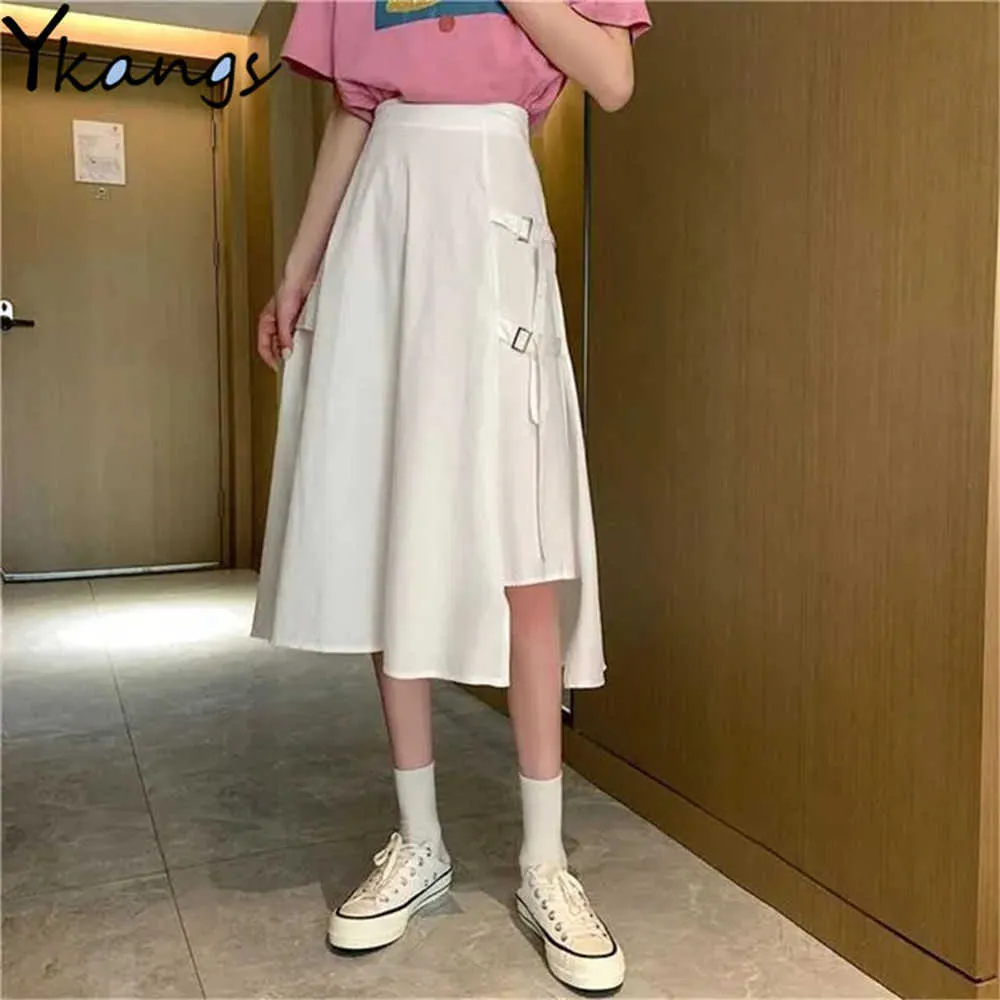 Irregular Harajuku Pocket Cargo Skirt Punk High Waist Streetwear Gothic Loose Midi Long Skirt Women White Black Summer Saia 210619