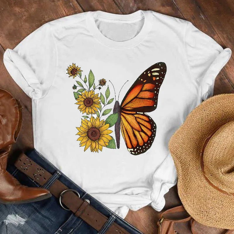 Kobiety Lady Cartoon Butterfly Kwiatowy Elegancki 2020 Spadek Jesień Koszula Ubrania Tshirt Tee Womens Top Kobieta Print T Graphic T-shirt X0628