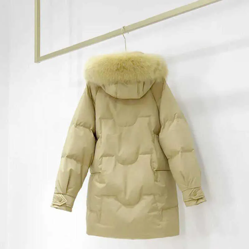 Parka rembourrée en coton veste femmes grand col en fourrure mi-long manteau rembourré épaissir duvet de canard 210531