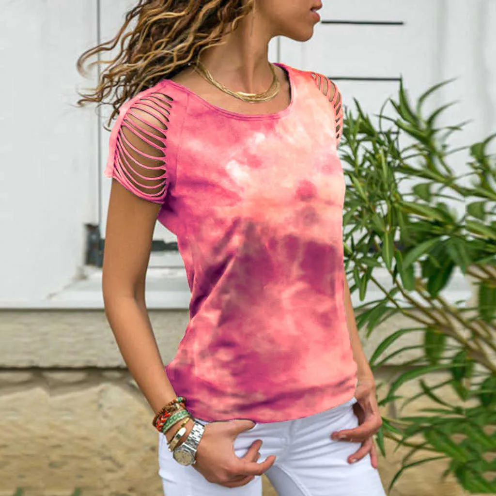 Tie Dye Cotton Hollow Out Hole Short Sleeve Womens Baggy Tee Shirts Summer Female 90s T Shirt Pullover Loose Plus Size Tops Pink 210604