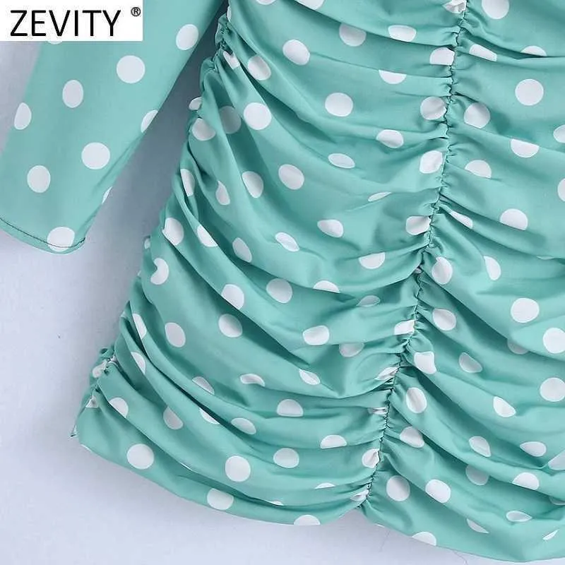 Zevity Women Sexy V Neck Polka Dots Print Pleated Green Mini Dress Kvinna Chic Back Zipper Slim Party Vestido DS5049 210603