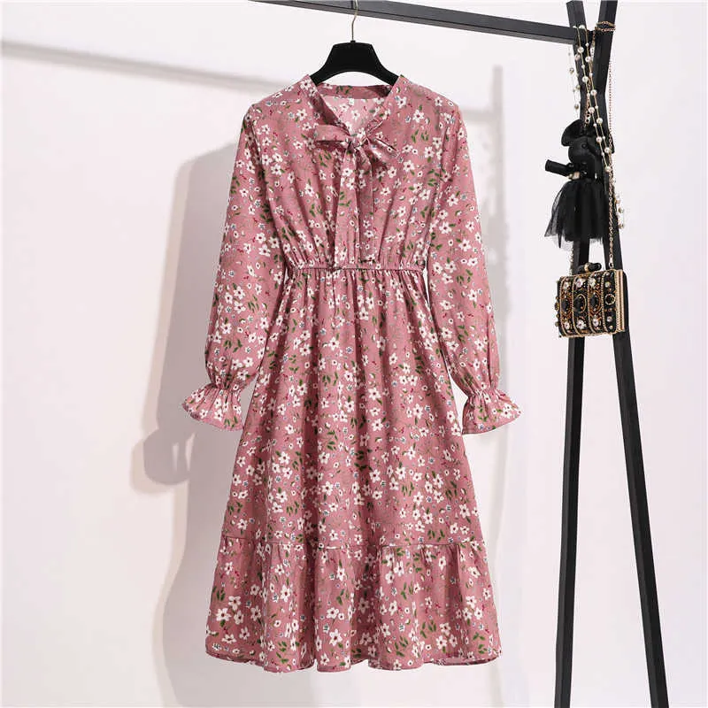 11 Style Beautiful Fashion Summer Women Long Sleeve Dress Retro Collar Casual High Waist Dresses Floral Print Chiffon Clothing X0521