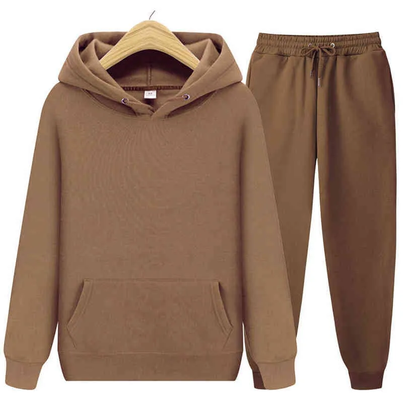 Deux pièces ensembles hommes femmes décontracté couleur unie pull + pantalon Sportswear costume automne sweats à capuche survêtement Sport hommes survêtement 211220