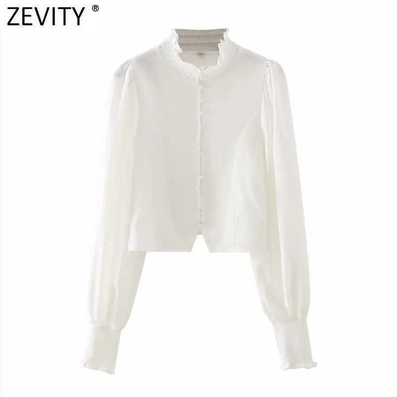 Zevity Femmes Élastique À Volants Col Perle Boutons Blanc Chemise Courte Femme Lanterne Manches Court Blouse Roupas Chic Tops LS7601 210603