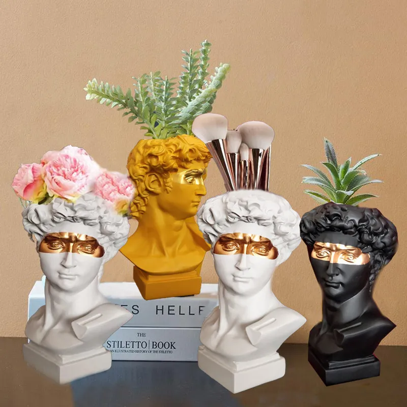 Northern Europe Resin Vase Home Decoration Flower Pot Pen Holder Makeup Brush Holder Storage Box European Head Sculpture Model 210310
