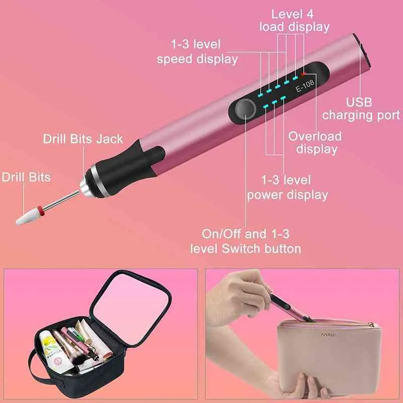 Electric Nail Drill Kit Wireless Borr Nails Aryclic Nail File Machine för Manicure Pedicure Professional Salon Nail Tool Kit 211231