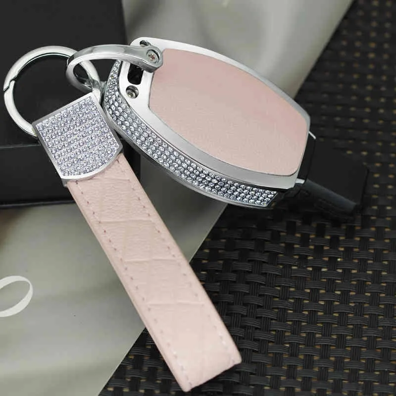 Porte-clés de chaîne de couverture de cas de clé de voiture en cuir d'alliage de zinc de diamant pour Mercedes A B E C S classe E260 W205 W204 W176 CLA pour des femmes