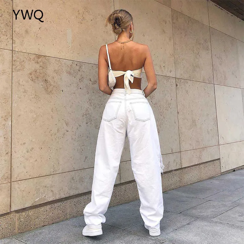 Mid Walii Boyfriend Moda Luźne Zniszczone Damskie Klasyczne Dziura Baggy Dżinsy White Damskie Spodnie Vintage Szerokie Dżinsy Noga Spodnie 210616