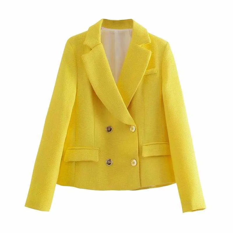 Za blazer kostym jacka kontor kvinnor passar våren mode enkel v-hals chic blå gul ungdomsdräkt 211006