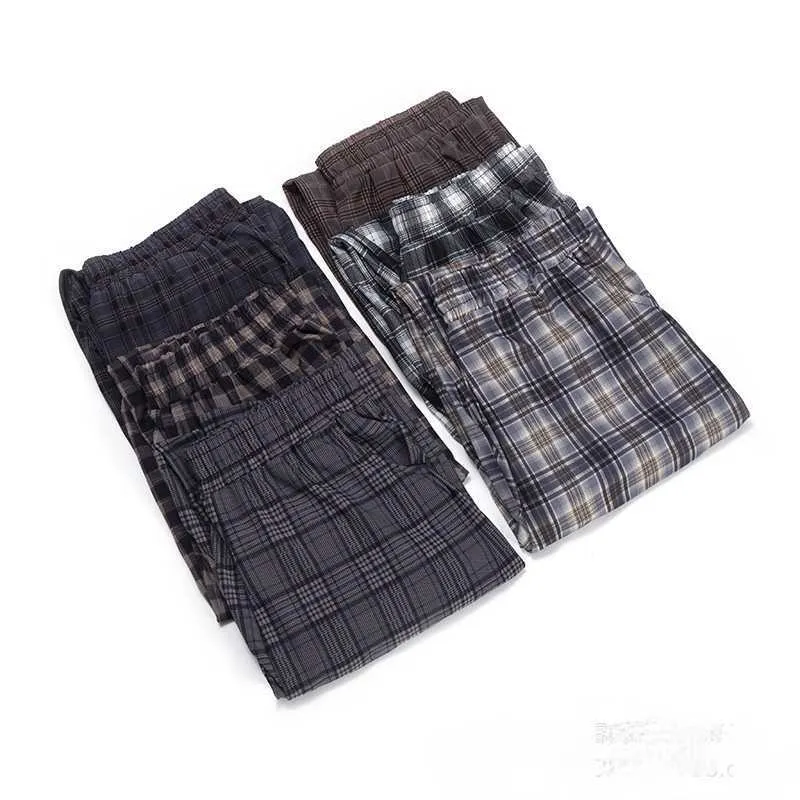 Dames brede broek plus size casual losse katoenen plaid broek moeder wijde beenbroek vrouwelijke elastische taille zomer broek voor vrouwen q0801