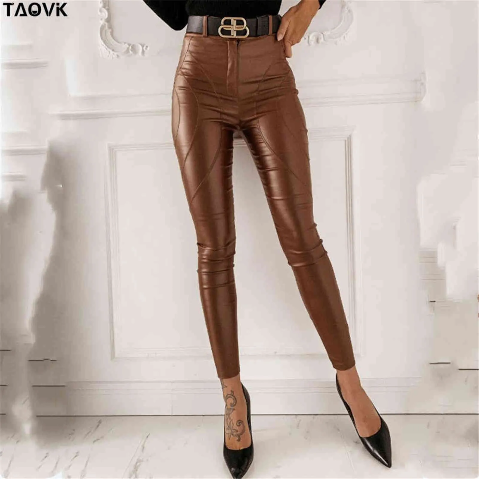 TAOVK taille haute épissé lâche pantalon en cuir femmes automne solide cordon PU pantalon droit femme 211115