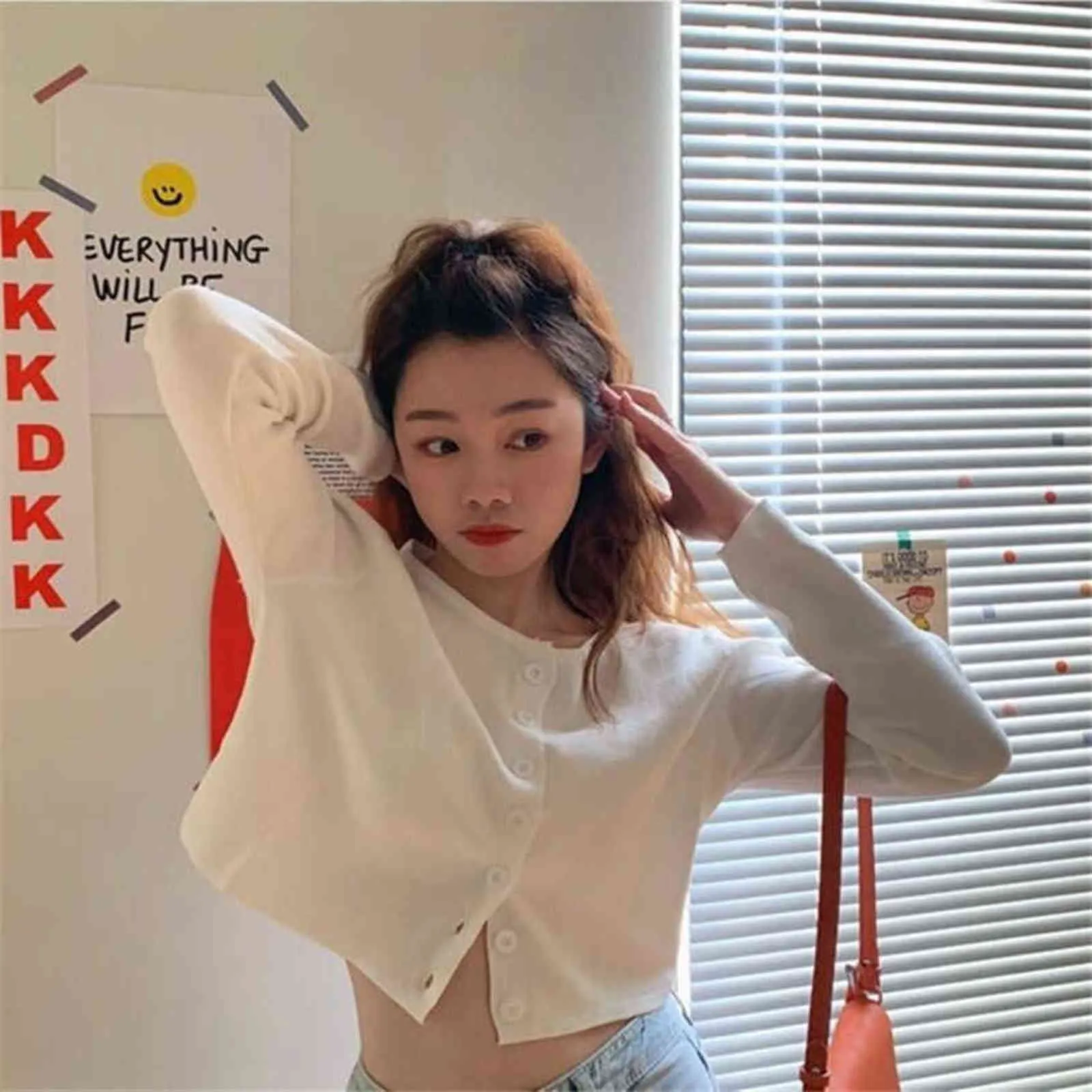 Stile coreano O-Collo Corto Maglioni Lavorati A Maglia Donne Cardigan Sottile Moda Manica Protezione Solare Crop Top Ropa Mujer 211103