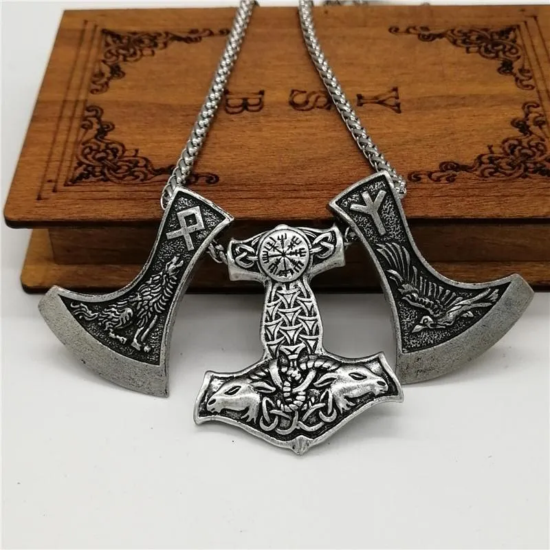 Pendanthalsband get hammare Raven Rune Axe Halsband Men Collier Viking Pagan Jewelry2803