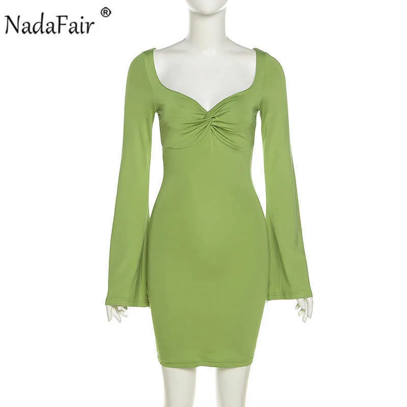 Nadafair Flare Sleeve Bodycon Sexy Mini Party Dress Green Vintage Low Neck Long Slim Sleeve Winter Dress For Women 2021 Festival Y1006