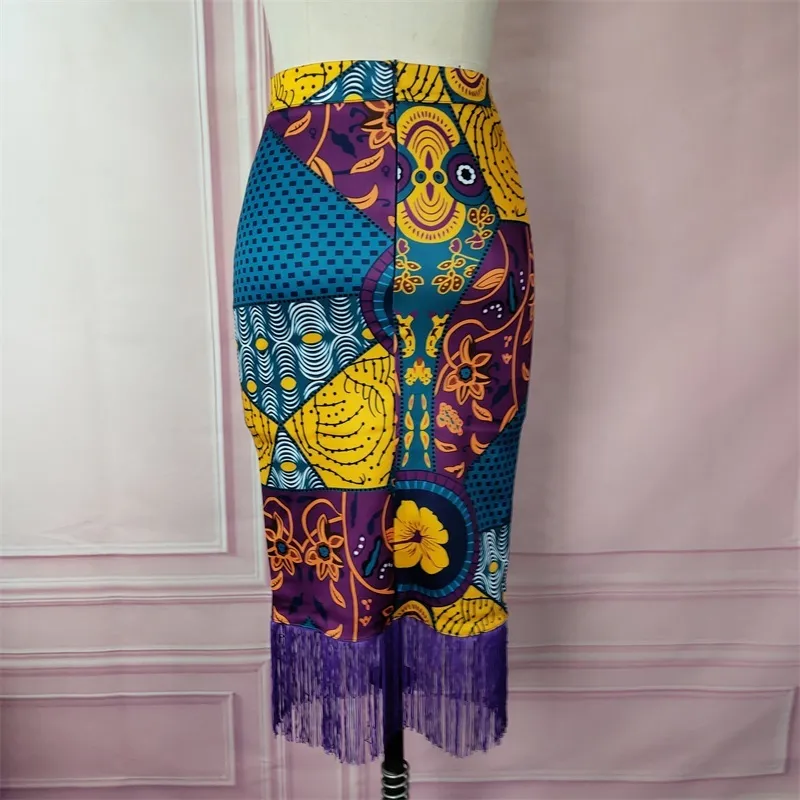 Kvinnor Sommartryck Kjol Vintage Floral African Fashion High Waist Tassel Classy Modest Elegant Retro Jupes Falader Drop Shipping 210309