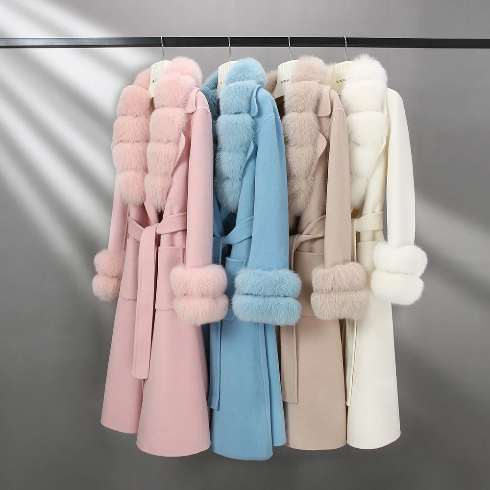 Femmes Long Laine Manteau D'hiver Longue Fourrure Vestes De Luxe Détachable Fluffy Fourrure De Renard Trench Dame Survêtement S3565