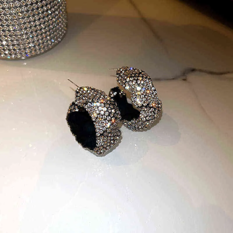 Earrings Charm White Black Full Rhinestones Hoop Velvet Cloth Geometric for Women Statement Jewelry 220122