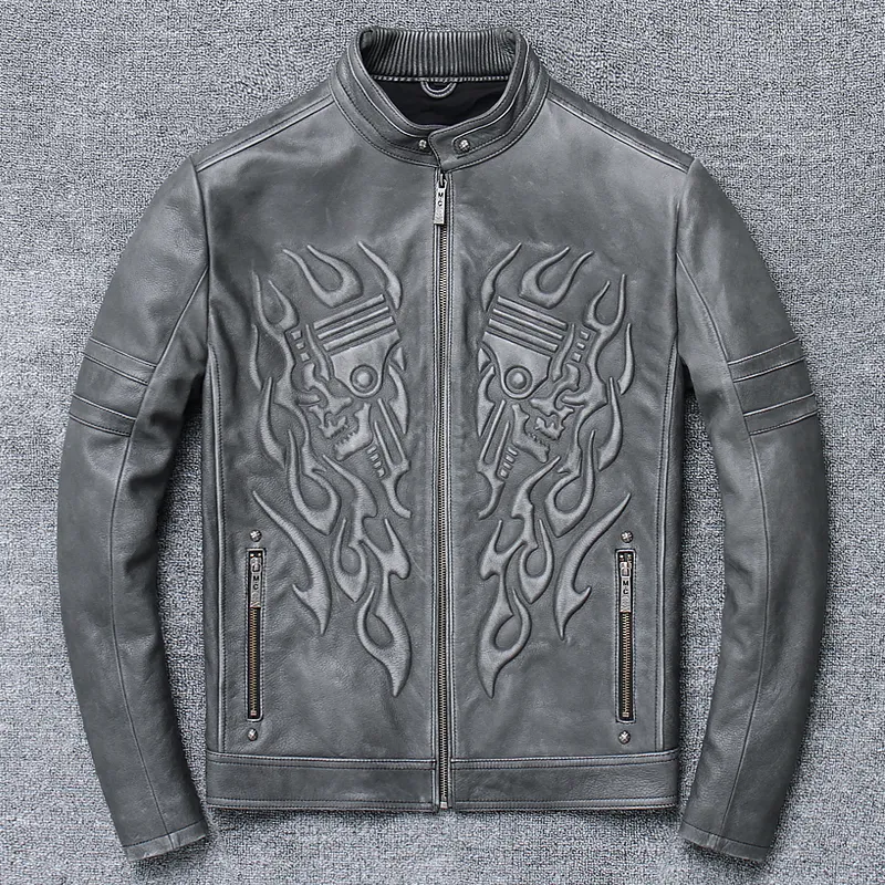 Mens punk skalle läder jacketmen äkta läder coat.Motor biker läder kläder.Graysales